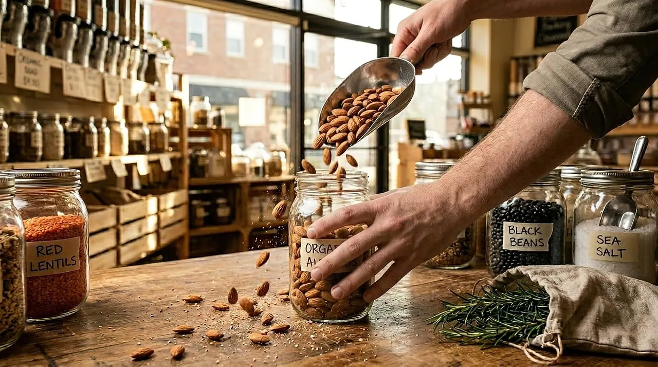 refilling, jar, almonds, store, bulk, eco-friendly, organic, sustainable, zero-waste, lifestyle, environment, shopping, loading, grocery, rosemary, preservation, sign, counter, clo