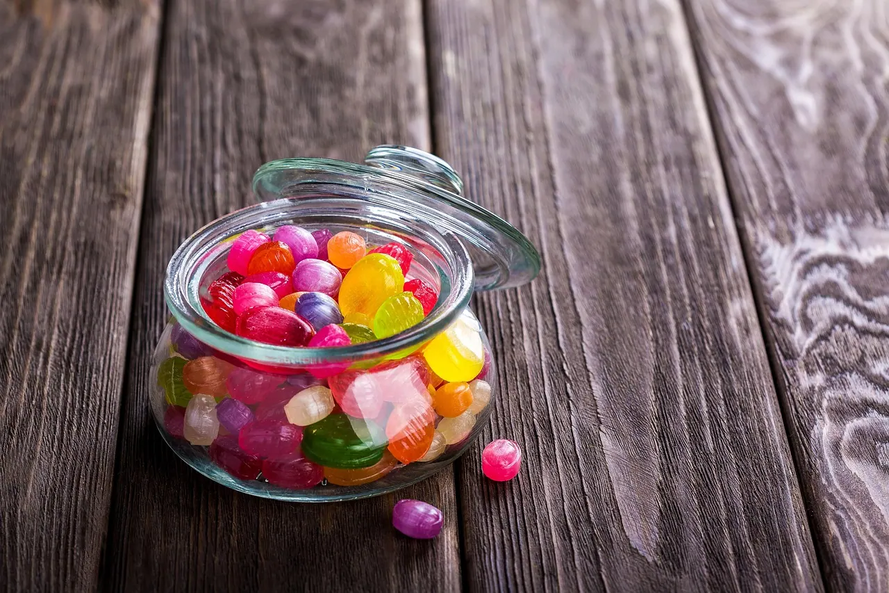 candies, sweetmeats, jar, glass jar, container, glass container, confections, confectionery, treats, nibble, sweets, dessert, food, colorful, multicolored, delicious, sugar, candie