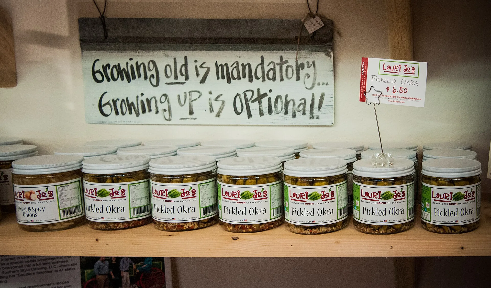 Jars of pickled okra sit on the shelf at Laurie Jo’s Southern Style Canning business in Norman Park, Colquitt County, GA on Mar. 7, 2013. The business has increased its production to 12 items that now includes pickled green tomatoes, pickled okra, pickled asparagus pickled green beans, red and green. Pantry jar sales channels: what they cannot prove
