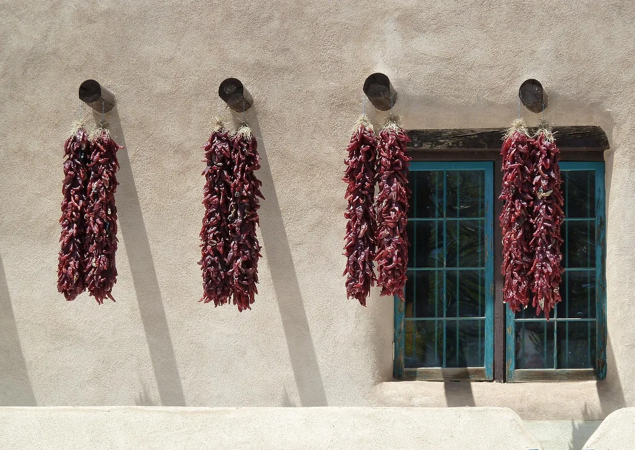 dried, chili, peppers, wall, hot, window, facade. New Mexico chile labelling, state certification and the harvest calendar
