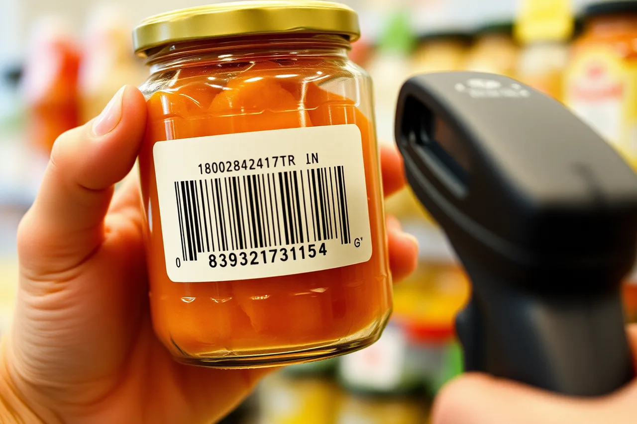 Hand holding a jar label with a UPC barcode being scanned (Independent food brands deserve a barcode and processing review before the first order)