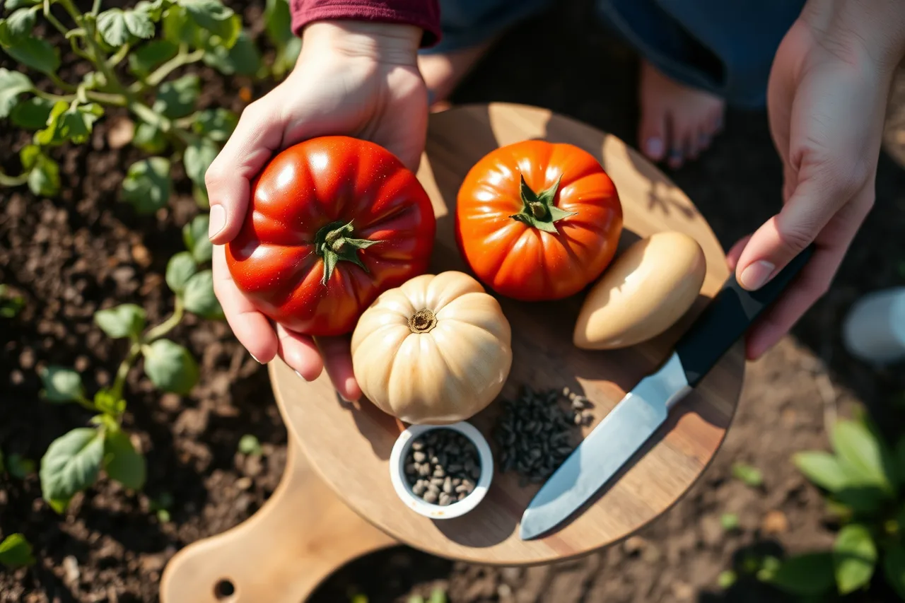 Hands comparing a typical round heirloom tomato with an off-type one (5 points worth checking on heritage pantry products)