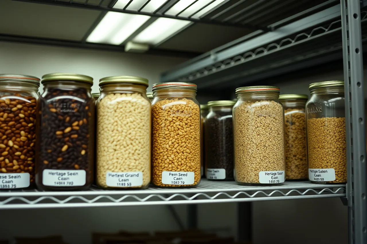 Labelled glass jars of heritage bean seeds on a seed bank shelf (5 things to weigh up on heritage pantry products)