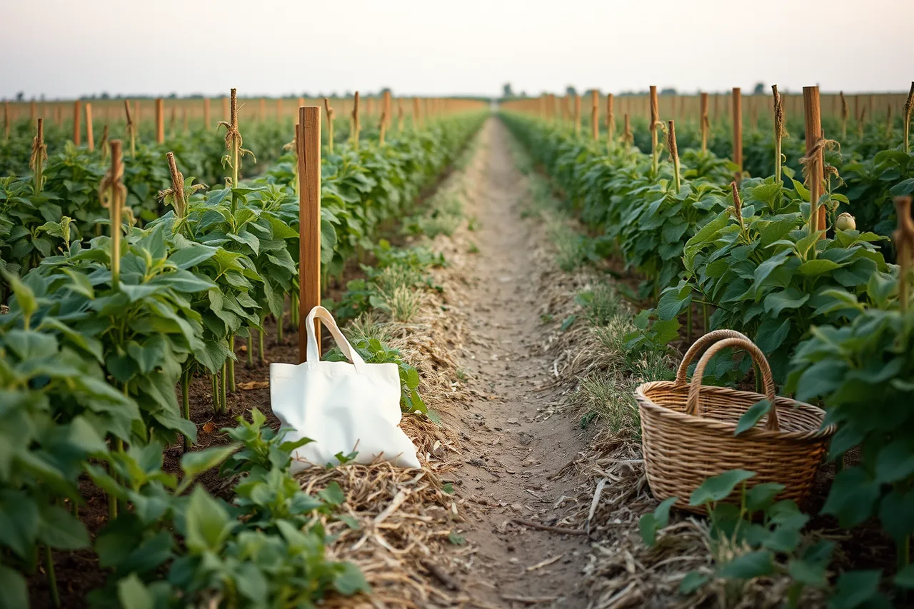 Grower checking seed set on open-pollinated heritage bean plants in an organic field (5 things to weigh up on heritage pantry products)