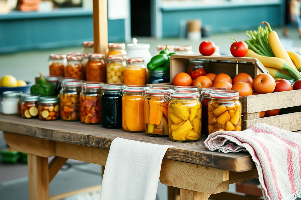 Market stall table with rows of labeled preserve jars and a chalk price sign (Why independent food brands change price more by channel than by recipe)