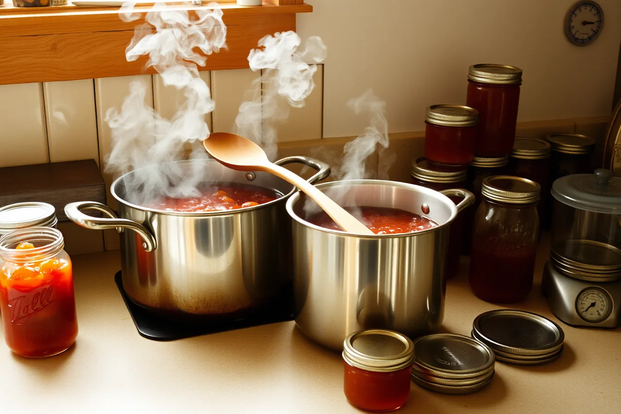 Small-batch fruit preserve simmering in a pot beside clean jars and a thermometer (Why independent food brands change price more by channel than by recipe)