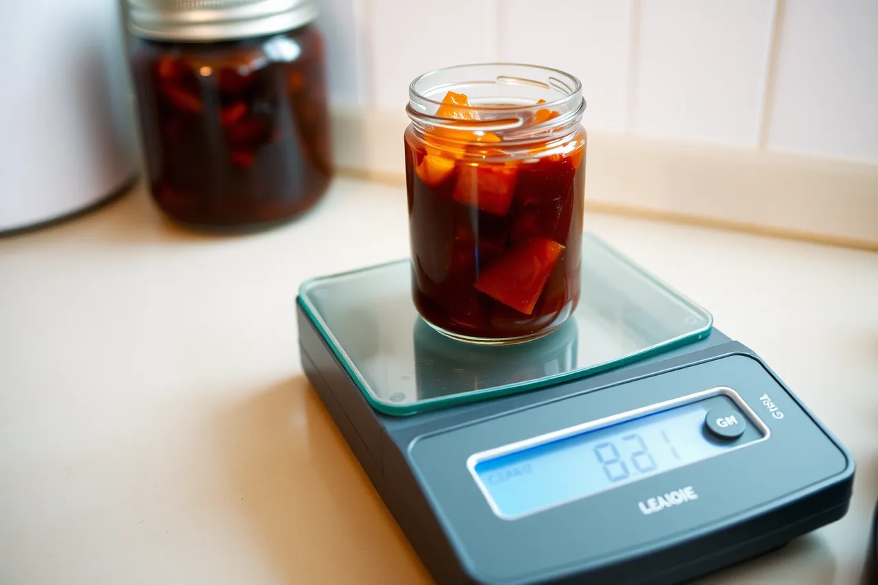 Digital kitchen scale weighing a jarred preserve on a counter (How to compare two regional food subscriptions at home by cost per item you would rebuy)