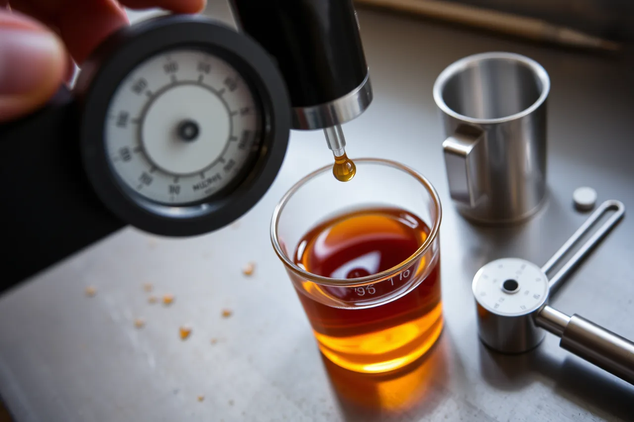 Refractometer measuring a drop of maple syrup on a steel bench (Borrow a producer's own grading method to judge state food specialties at home)