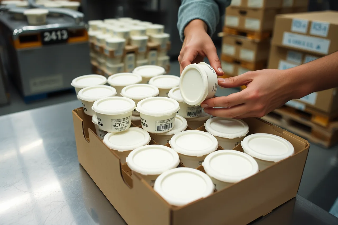 Creamery worker packing cultured butter tubs into a 12-unit case (Wisconsin dairy supply chains, from small creameries to grocery shelves)